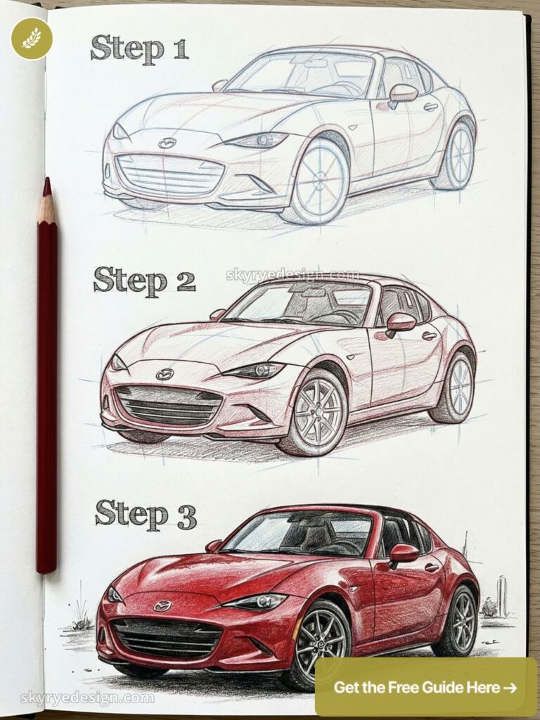 Mazda MX-5 Miata drawing tutorial: step-by-step pencil-to-colored sketches of a red sports car in a sketchbook.