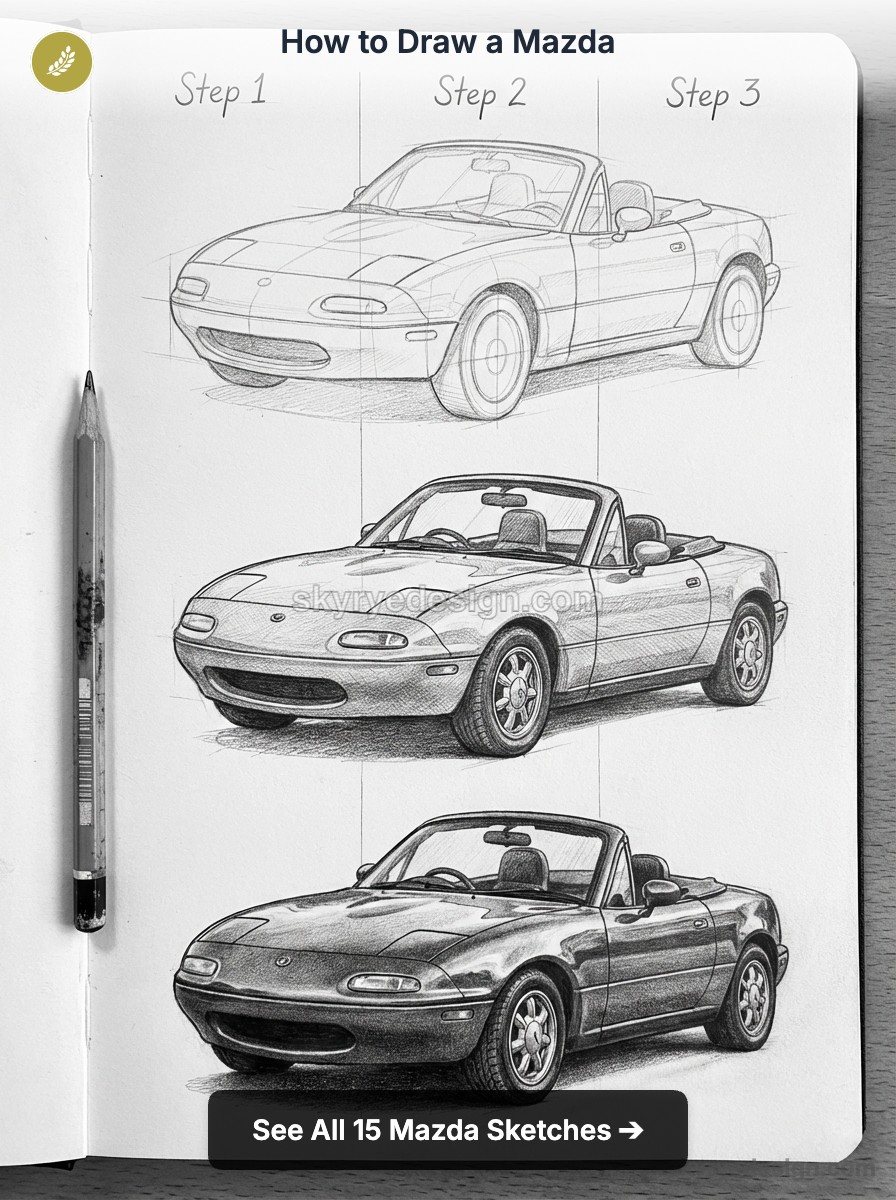 How to draw a Mazda Miata: pencil step-by-step convertible sketches in a sketchbook showing three stages