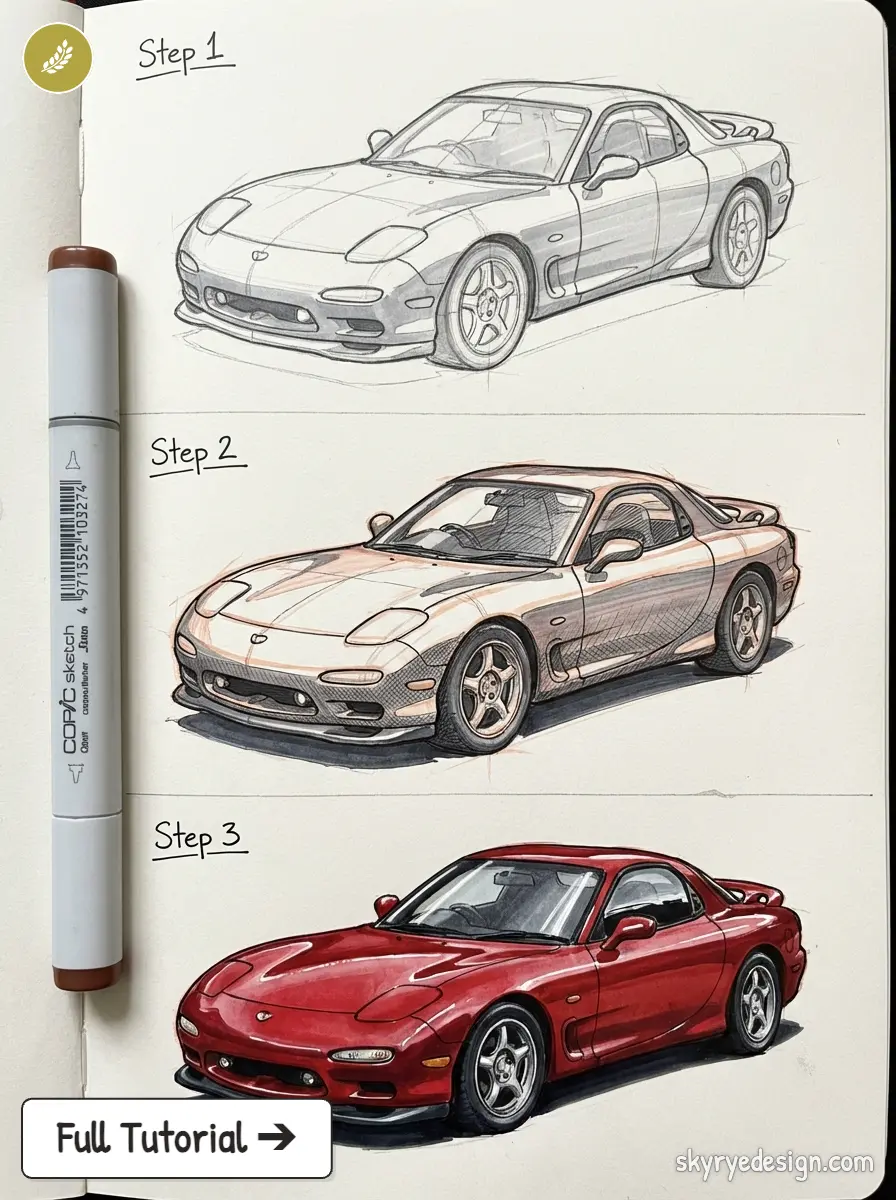 Car drawing tutorial: step-by-step pencil to colored marker rendering of a red sports car in three stages