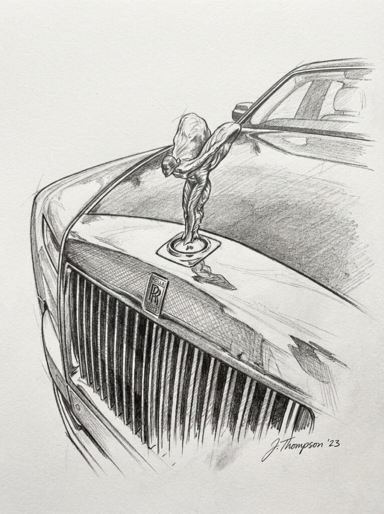 4c3bd6a4-5ab0-4b53-860a-f0bb52b9f92e Pencil sketch of Rolls-Royce Spirit of Ecstasy hood ornament and front grille, luxury car detail | Sky Rye Design Pencil sketch of Rolls-Royce Spirit of Ecstasy hood ornament and front grille, luxury car detail