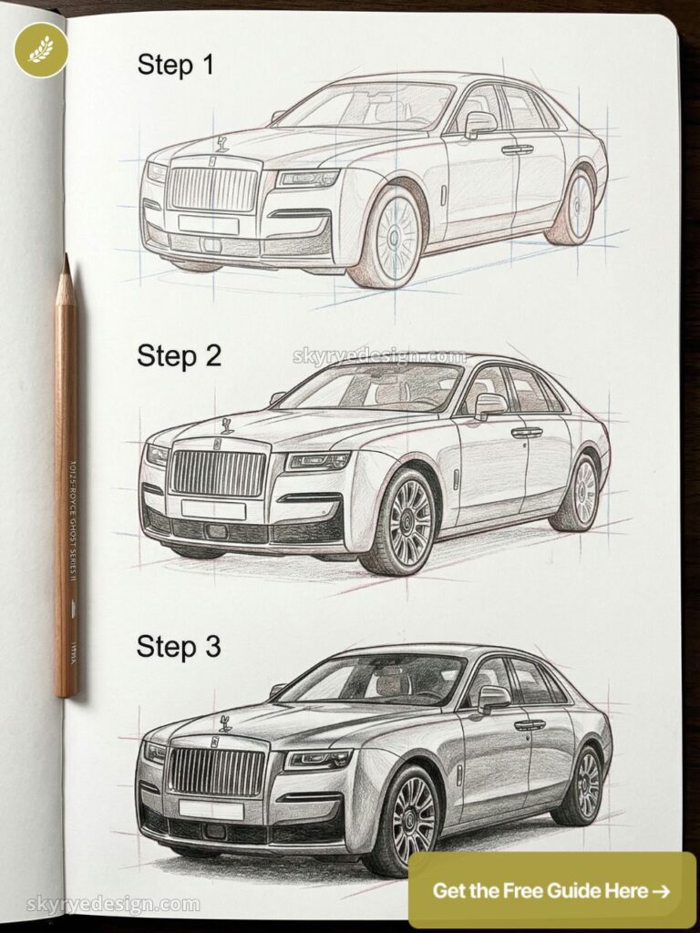 how-to-draw-additional-content 57 Rolls-Royce Ghost drawing tutorial: step-by-step pencil sketches of the sedan in three stages with grid lines. | Sky Rye Design Rolls-Royce Ghost drawing tutorial: step-by-step pencil sketches of the sedan in three stages with grid lines.