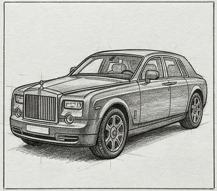 rolls-1-5 Pencil sketch of a luxury Rolls-Royce Phantom sedan, front three-quarter view with detailed shading and classic grille. | Sky Rye Design Pencil sketch of a luxury Rolls-Royce Phantom sedan, front three-quarter view with detailed shading and classic grille.