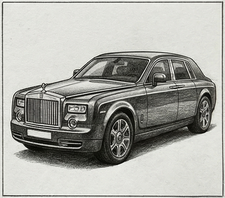 rolls-1-6 Rolls-Royce Phantom pencil sketch, luxury sedan front three-quarter view highlighting iconic grille and hood ornament | Sky Rye Design Rolls-Royce Phantom pencil sketch, luxury sedan front three-quarter view highlighting iconic grille and hood ornament