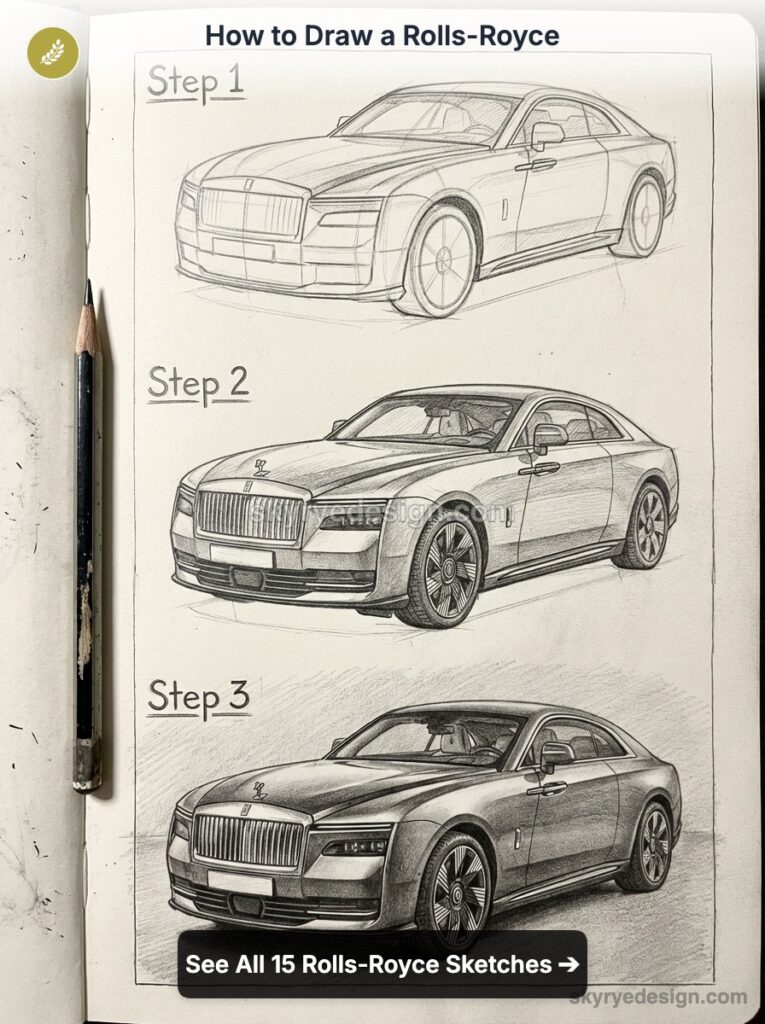 tutorial-rolls-royce-spectre-electric Rolls-Royce drawing tutorial: step-by-step pencil sketches showing a coupe in three stages on a sketchbook. | Sky Rye Design Rolls-Royce drawing tutorial: step-by-step pencil sketches showing a coupe in three stages on a sketchbook.