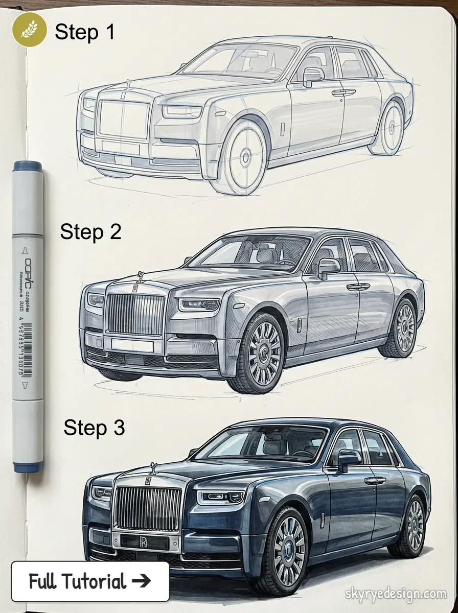 copic-tutorial-1775761194913 Step-by-step Rolls-Royce Phantom drawing tutorial: sketch to shaded Copic marker photorealistic car illustration | Sky Rye Design Step-by-step Rolls-Royce Phantom drawing tutorial: sketch to shaded Copic marker photorealistic car illustration