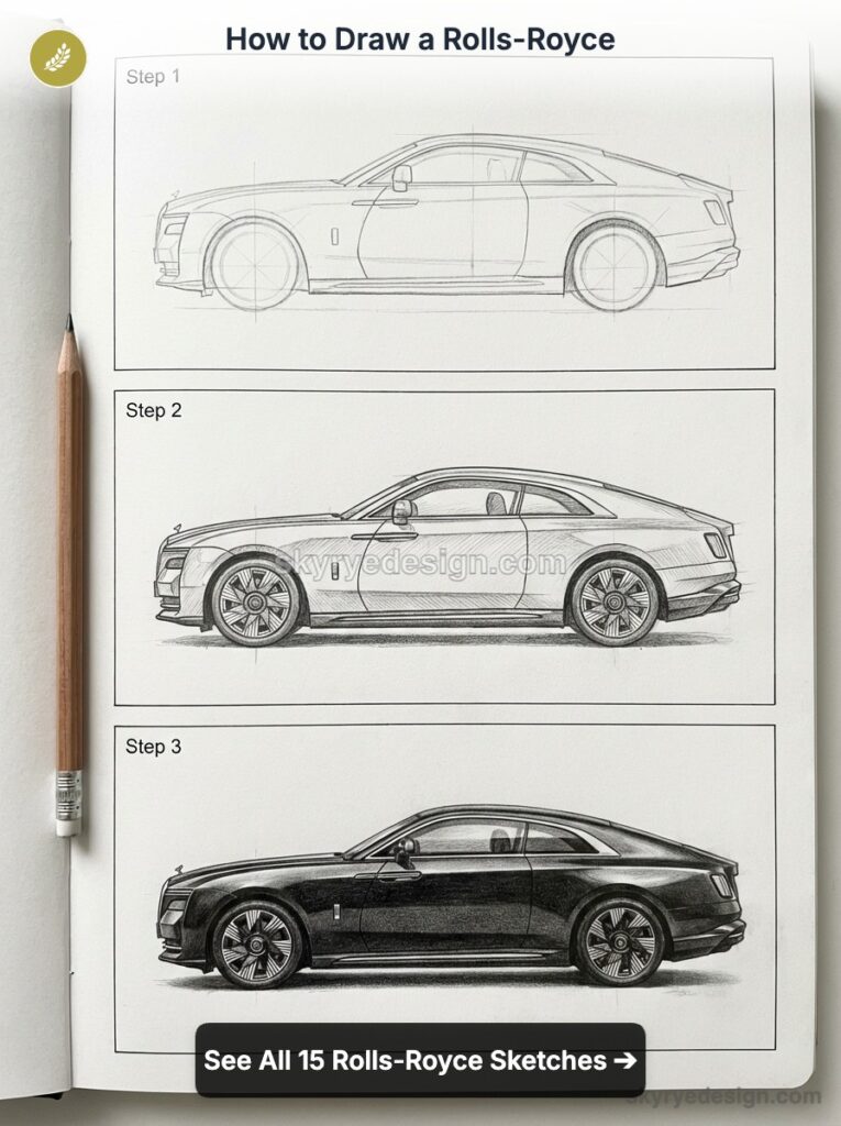 tutorial-rolls-royce-spectre-electric-ide-view-black Three-step pencil drawing tutorial of a Rolls-Royce coupe showing outline, details, and full shading | Sky Rye Design Three-step pencil drawing tutorial of a Rolls-Royce coupe showing outline, details, and full shading