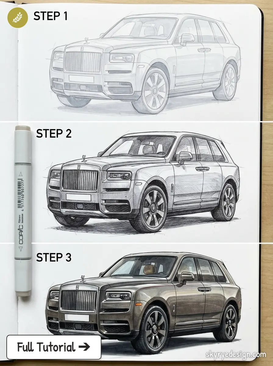 copic-tutorial-1775761853857 3-step drawing tutorial of Rolls-Royce Cullinan SUV: pencil sketch, inked shading, and full-color marker render | Sky Rye Design 3-step drawing tutorial of Rolls-Royce Cullinan SUV: pencil sketch, inked shading, and full-color marker render