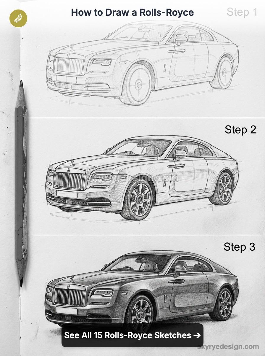 tutorial-rolls-royce-wraith How to draw a Rolls-Royce: three-step pencil sketch tutorial showing stages of a Rolls-Royce coupe on a sketchbook, pencil at left | Sky Rye Design How to draw a Rolls-Royce: three-step pencil sketch tutorial showing stages of a Rolls-Royce coupe on a sketchbook, pencil at left