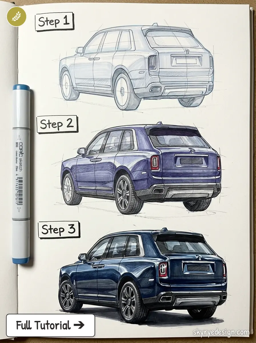 copic-tutorial-1775761957384 Step-by-step SUV drawing tutorial: pencil outline, marker shading, and final colored luxury SUV sketch in a sketchbook. | Sky Rye Design Step-by-step SUV drawing tutorial: pencil outline, marker shading, and final colored luxury SUV sketch in a sketchbook.