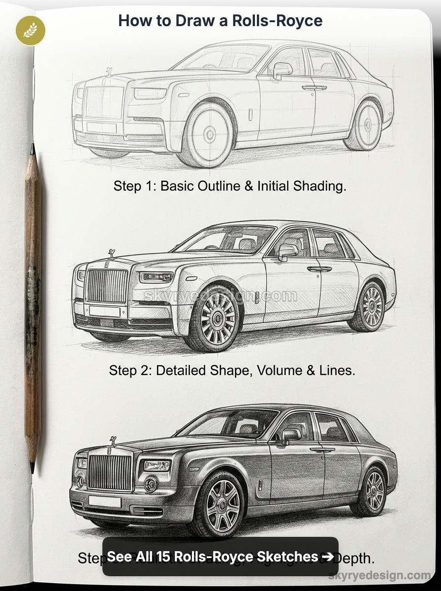 tutorial-rolls-royce-phantom-extended-wheelbase Step-by-step pencil sketches showing three stages of drawing a Rolls-Royce car: outline, detailed shape, and shaded render. | Sky Rye Design Step-by-step pencil sketches showing three stages of drawing a Rolls-Royce car: outline, detailed shape, and shaded render.