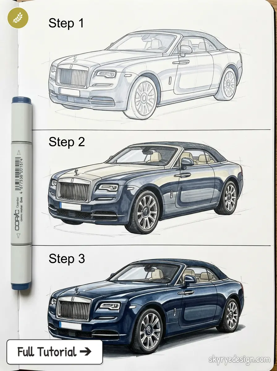 copic-tutorial-1775762320794 Step-by-step car illustration tutorial: sketch to photorealistic blue Rolls-Royce convertible with Copic marker | Sky Rye Design Step-by-step car illustration tutorial: sketch to photorealistic blue Rolls-Royce convertible with Copic marker
