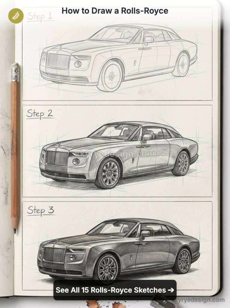 tutorial-rolls-royce-boat-tail--coachbuild- 1 How to draw a Rolls‑Royce — three-step pencil sketch tutorial in a sketchbook showing progressive luxury car illustrations | Sky Rye Design How to draw a Rolls‑Royce — three-step pencil sketch tutorial in a sketchbook showing progressive luxury car illustrations