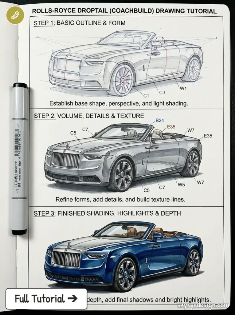 copic-tutorial-1775762728854 Rolls-Royce Droptail drawing tutorial — step-by-step: basic outline, detailed shaded sketch, and finished blue rendering | Sky Rye Design Rolls-Royce Droptail drawing tutorial — step-by-step: basic outline, detailed shaded sketch, and finished blue rendering