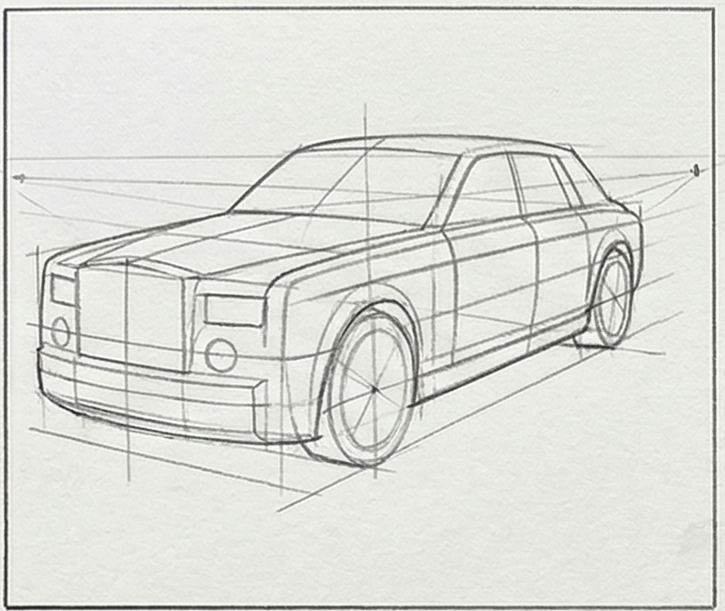 rolls-1-1 Pencil perspective sketch of a luxury sedan with construction lines and vanishing points on textured paper. | Sky Rye Design Pencil perspective sketch of a luxury sedan with construction lines and vanishing points on textured paper.