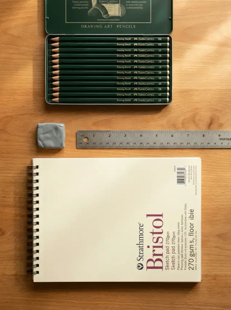 c33d1e22-c5e7-4043-9eb7-a88db874aa47 Top-down view of Bristol sketch pad, Faber-Castell drawing pencils in tin, kneaded eraser and metal ruler on wooden desk. | Sky Rye Design Top-down view of Bristol sketch pad, Faber-Castell drawing pencils in tin, kneaded eraser and metal ruler on wooden desk.
