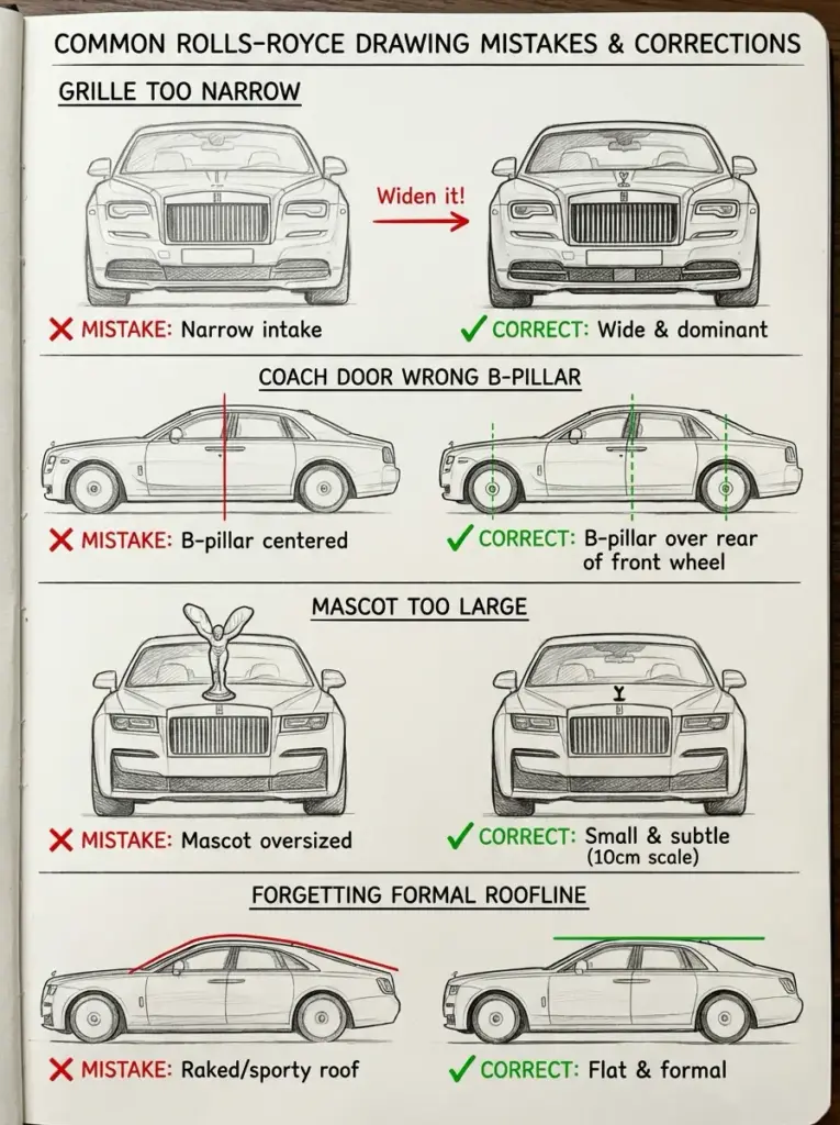 c5dad155-3170-460e-96dd-f58135cbe211 Infographic: common Rolls-Royce drawing mistakes and corrections, grille, B-pillar, mascot size, roofline tips | Sky Rye Design Infographic: common Rolls-Royce drawing mistakes and corrections, grille, B-pillar, mascot size, roofline tips