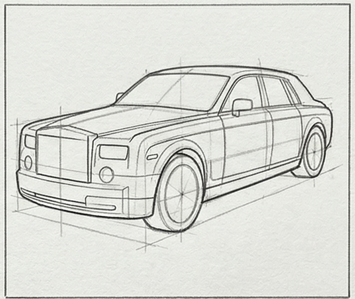 rolls-1-2 Pencil sketch of a luxury sedan in three-quarter perspective with construction lines and light shading | Sky Rye Design Pencil sketch of a luxury sedan in three-quarter perspective with construction lines and light shading