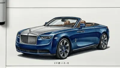 Blue Rolls-Royce convertible luxury car illustration with tan leather interior on white background, detailed sketch