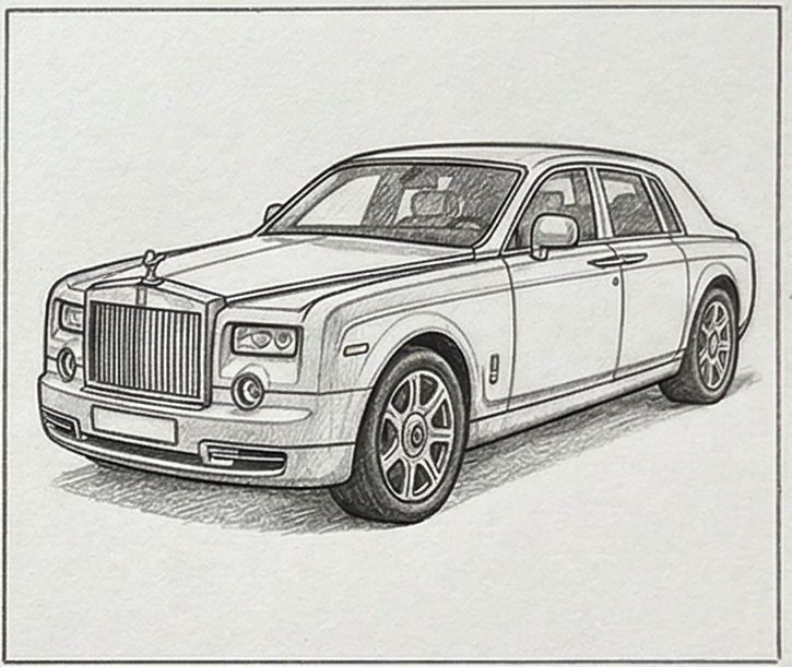 rolls-1-3 Hand-drawn pencil sketch of a luxury sedan with prominent grille, hood ornament, and alloy wheels | Sky Rye Design Hand-drawn pencil sketch of a luxury sedan with prominent grille, hood ornament, and alloy wheels