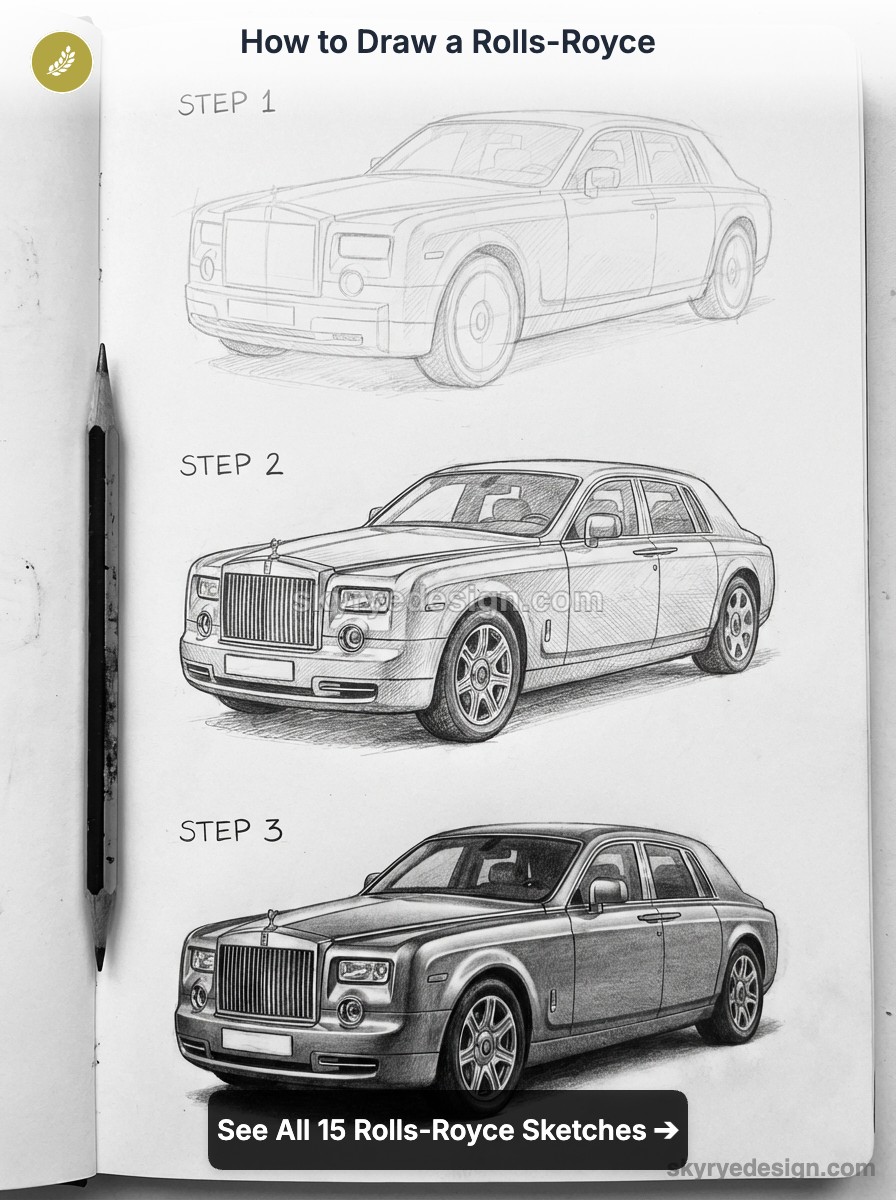 tutorial-rolls-royce-phantom How to draw a Rolls-Royce: three-step pencil sketch tutorial on a sketchbook page with a pencil. | Sky Rye Design How to draw a Rolls-Royce: three-step pencil sketch tutorial on a sketchbook page with a pencil.