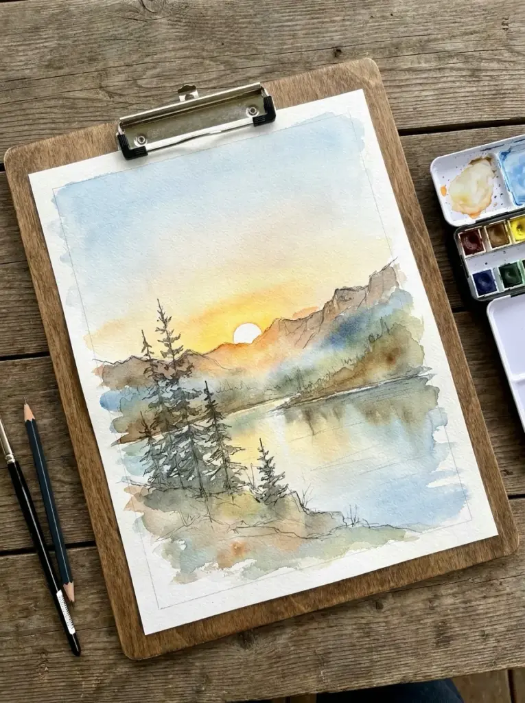 Watercolor landscape painting of sunrise over a mountain lake with pine trees, clipboard and paints