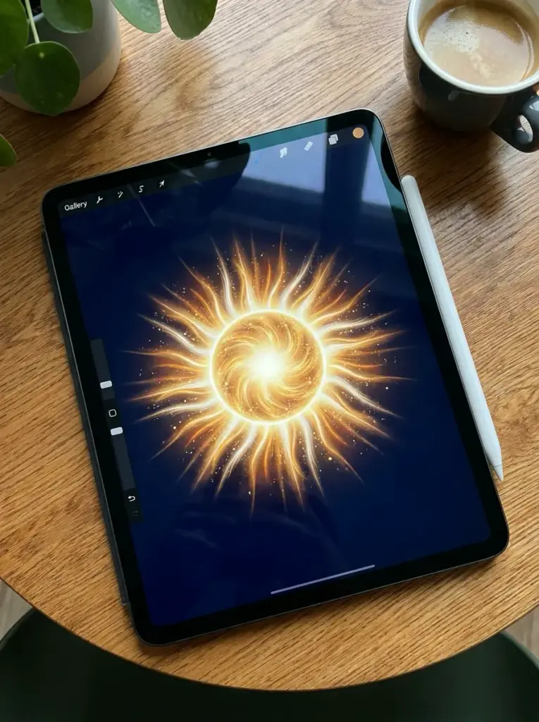 Digital art tablet displaying glowing sun illustration with stylus, coffee cup on wooden table