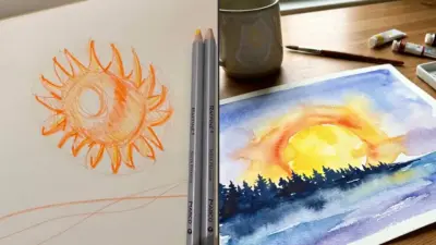 Before-and-after art scene: orange sun sketch with pencils beside finished watercolor sunset over treeline and art supplies.