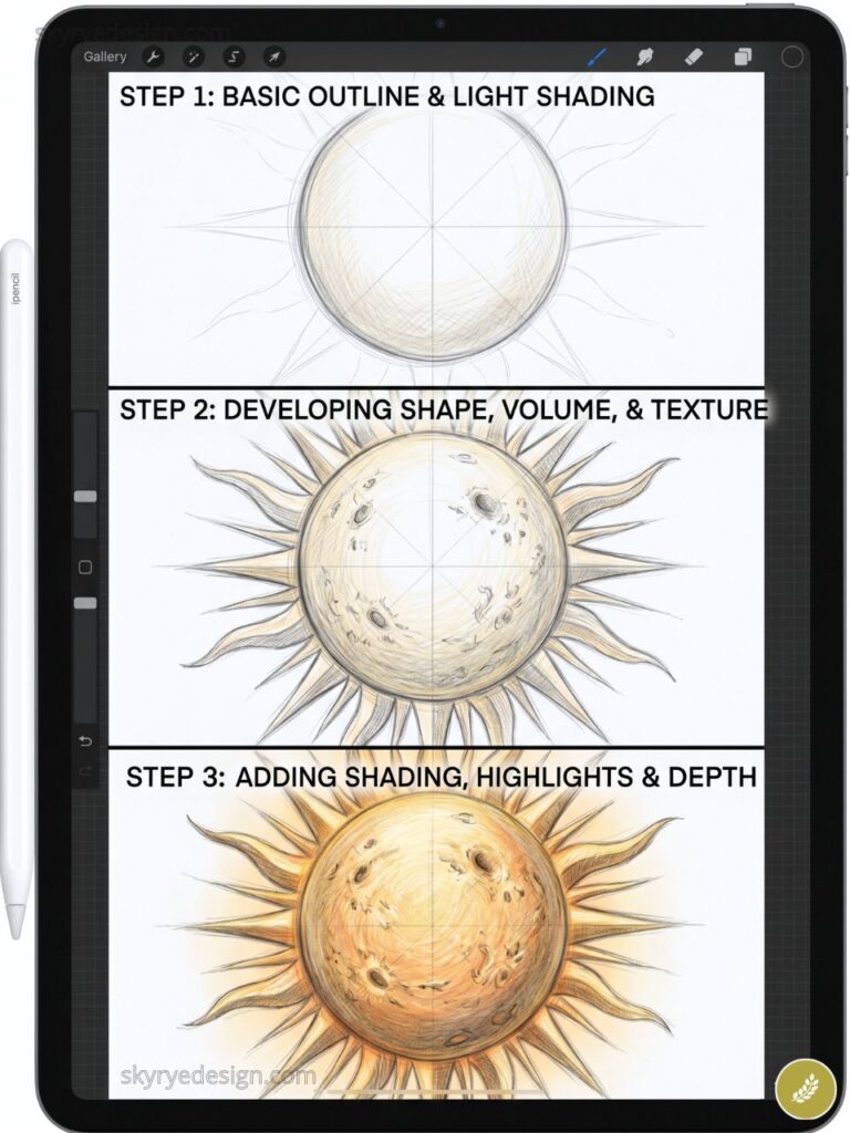 Tablet sun drawing tutorial showing three steps: outline, develop shape/texture, then shading, highlights and depth.