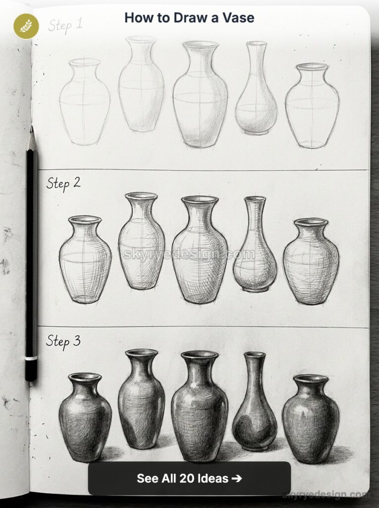 How to draw a vase: pencil tutorial showing three stages of five vase sketches on a sketchbook page