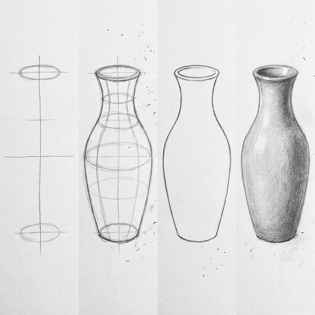 Vase drawing tutorial in pencil: step-by-step construction lines, wireframe, outline, and shaded realistic vase
