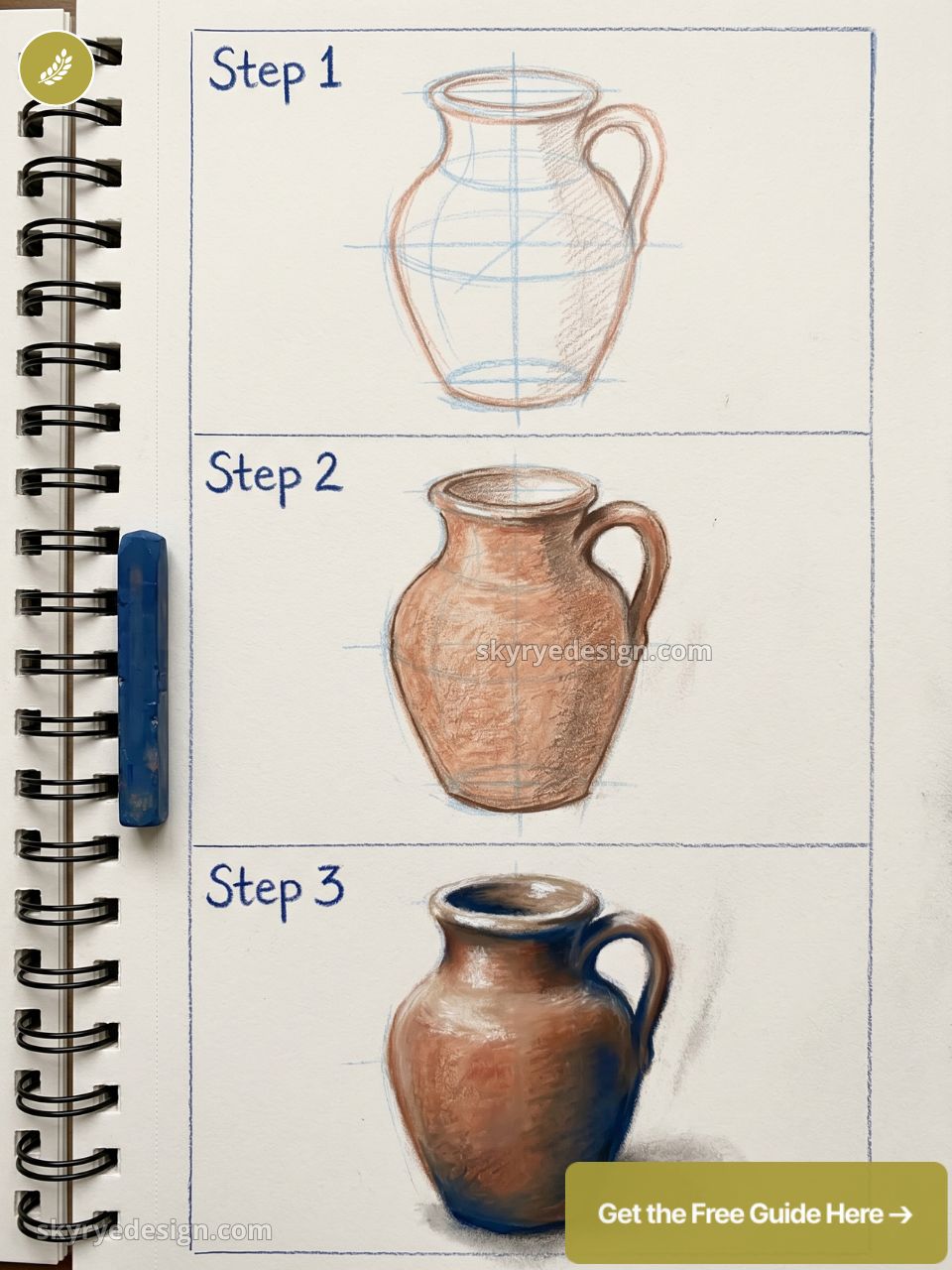 Ceramic pitcher drawing tutorial step-by-step on sketchbook: initial sketch, shaded clay jug, final rendered vase