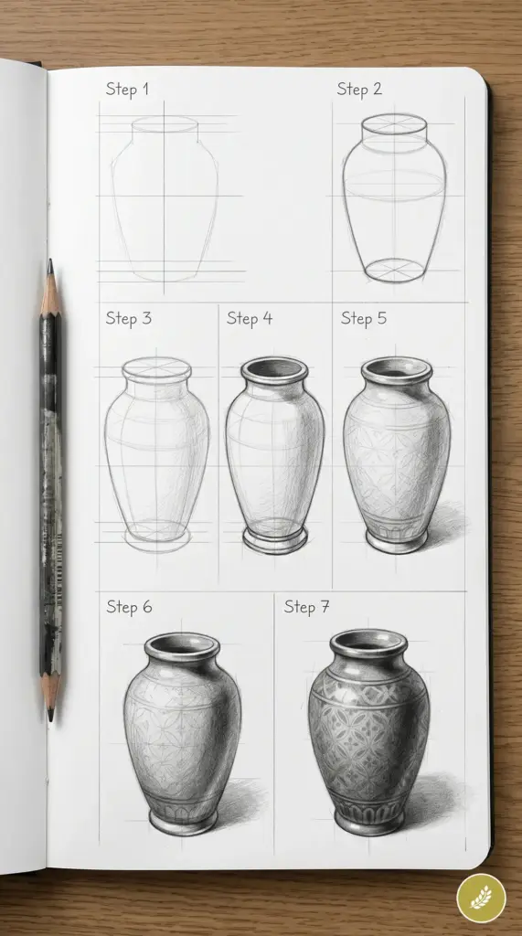Step-by-step pencil sketch tutorial in a sketchbook showing seven stages of drawing a decorative vase, pencil at left.