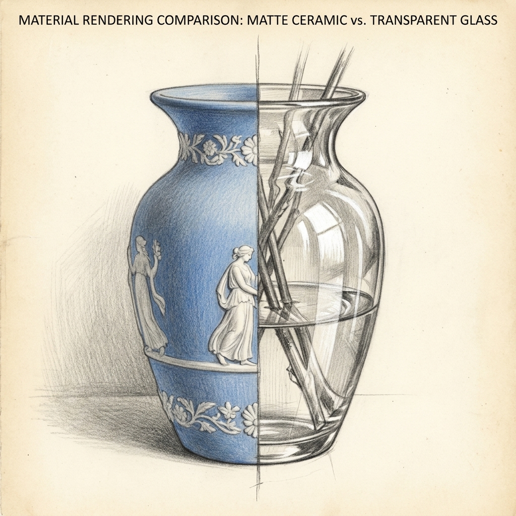 Material comparison: split vase - left matte blue ceramic with white relief, right clear glass with water & stems