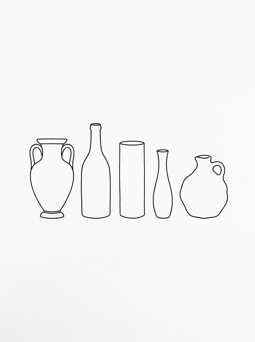 Minimalist black line drawing of five vases and bottles on a white background