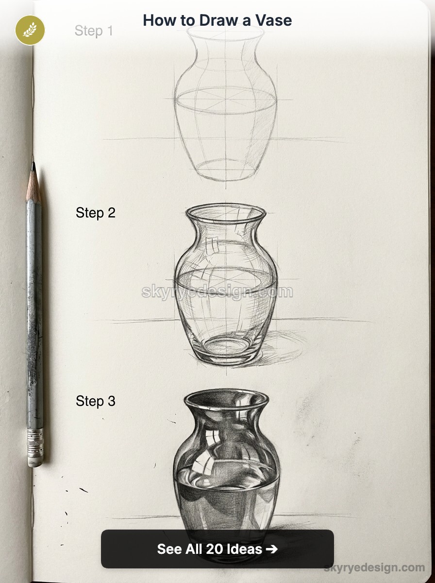 How to draw a vase: step-by-step pencil tutorial showing three stages of sketching a glass vase on a sketchbook page