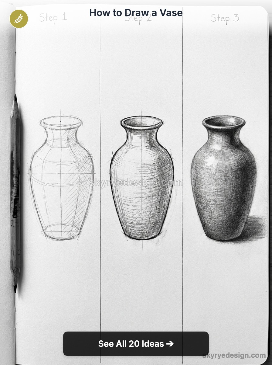 How to draw a vase: three-step pencil tutorial showing rough sketch, refined outline, and shaded realistic vase on sketchbook page