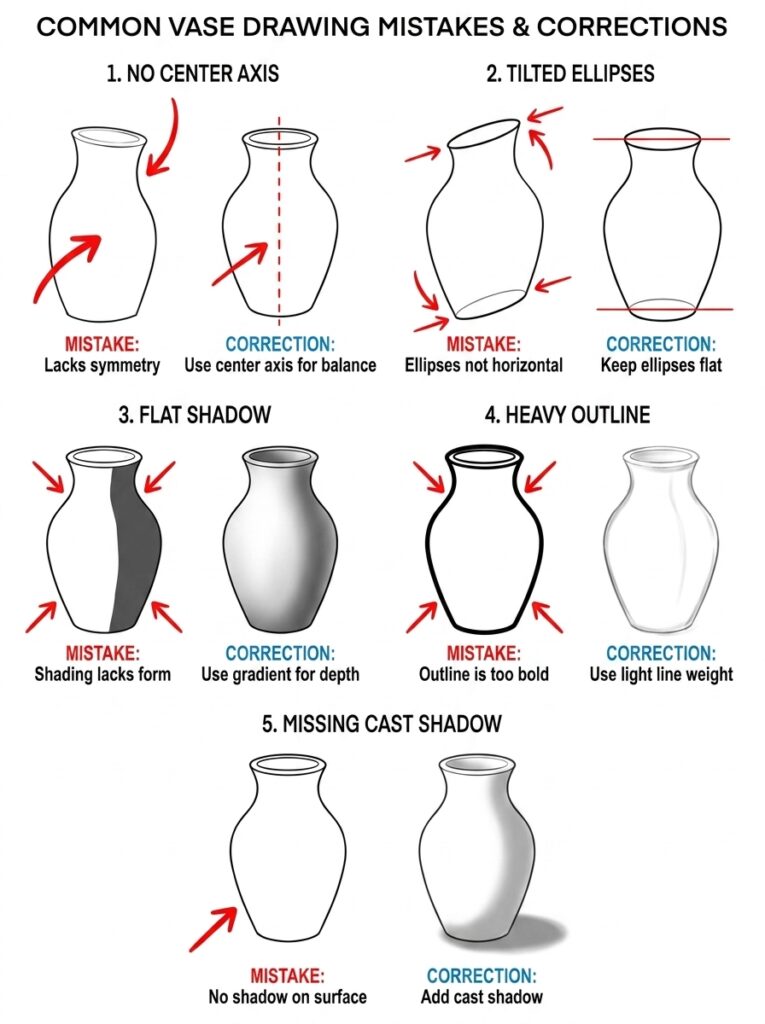 Illustrated guide: 5 common vase drawing mistakes and corrections—center axis, ellipses, shading, outline, cast shadow
