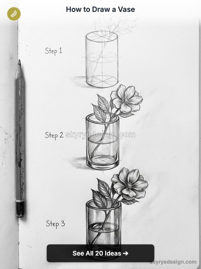 How to draw a vase — step-by-step pencil tutorial showing a glass vase with water and a flowering stem