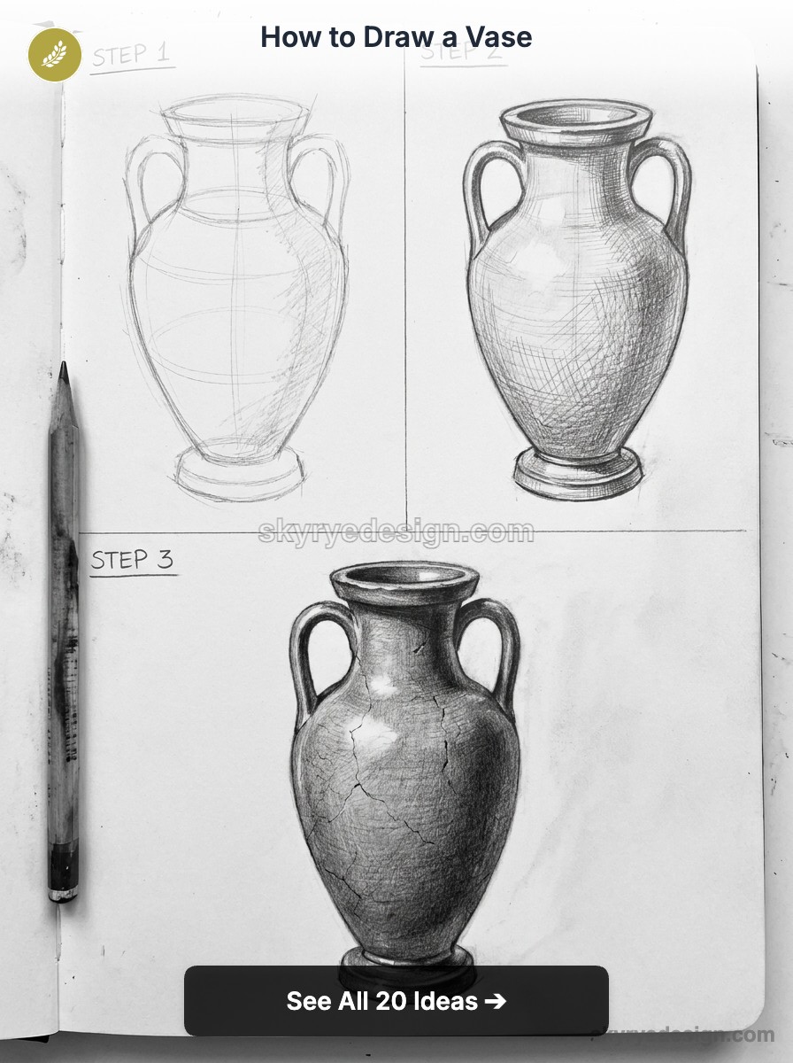 Step-by-step pencil vase drawing tutorial showing outline, shading, and finished textured classical vase with handles.