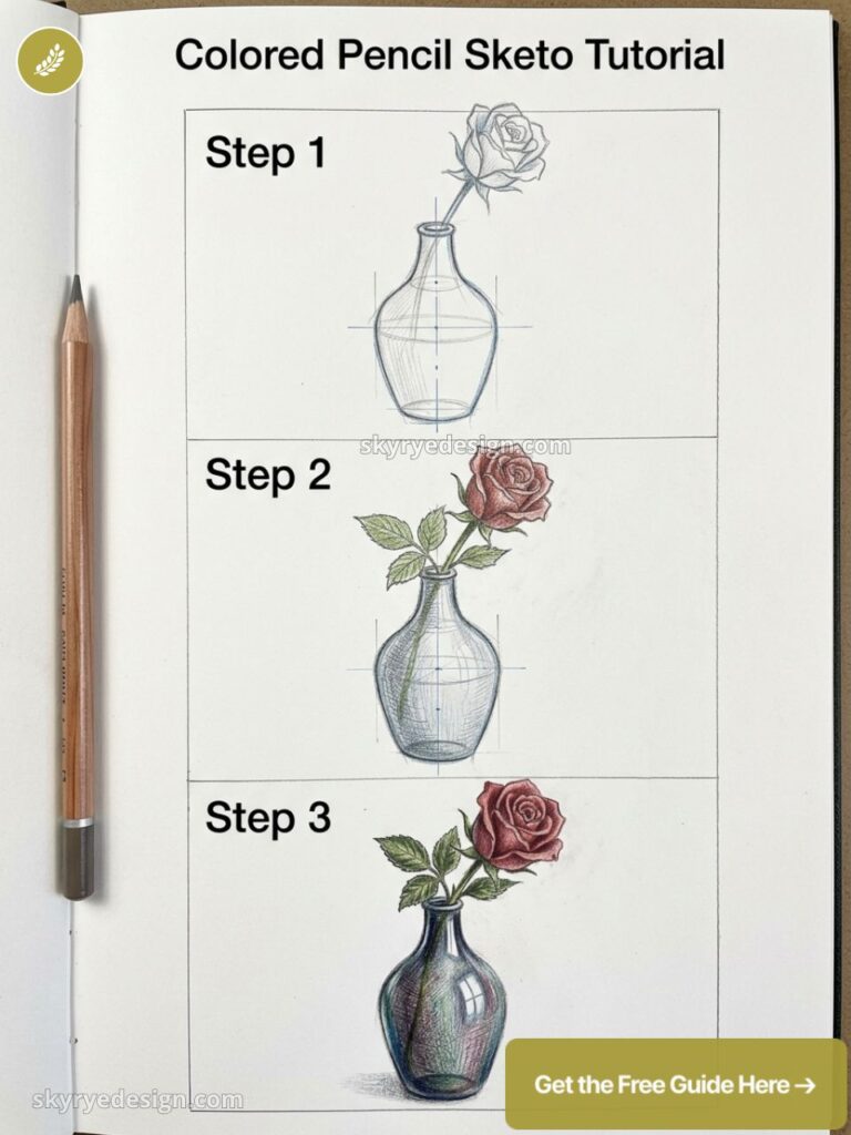 Colored pencil tutorial: step-by-step vase and rose sketch progressing from pencil outline to fully shaded, colored drawing.