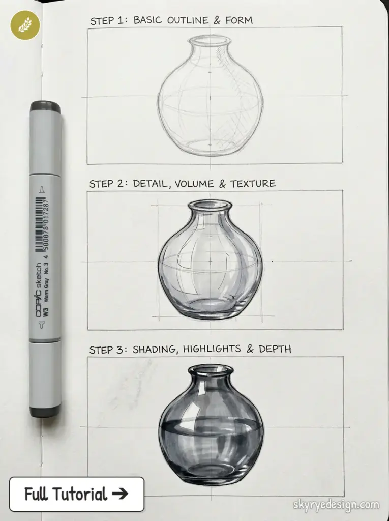 Step-by-step glass vase drawing tutorial showing outline, details, and shading with Copic marker on sketchbook.