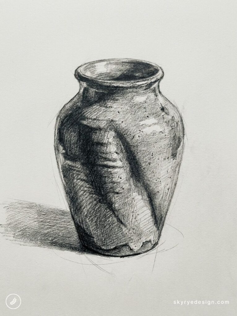 Hand-drawn pencil still life of a textured ceramic vase, black-and-white shading and cast shadow on paper