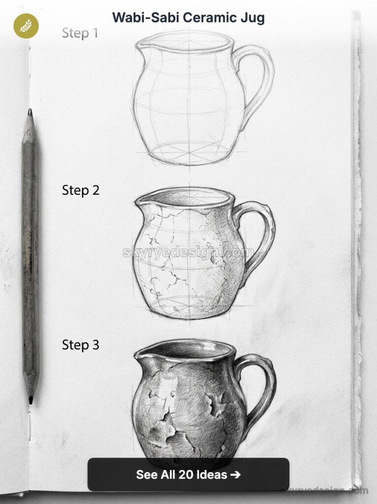 Wabi-Sabi ceramic jug pencil sketch tutorial showing three step-by-step stages of drawing a cracked, textured jug.