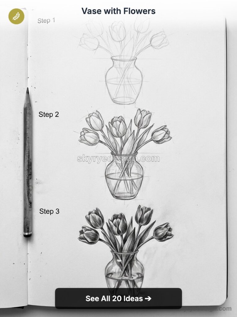 Step-by-step pencil drawing tutorial of a tulip bouquet in a glass vase on a sketchbook page