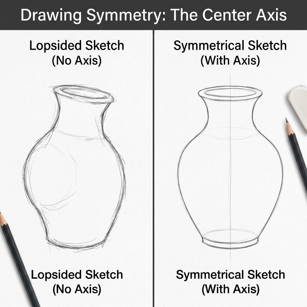 Split tutorial image: lopsided vase sketch (no axis) vs symmetrical vase with center axis, pencils and eraser