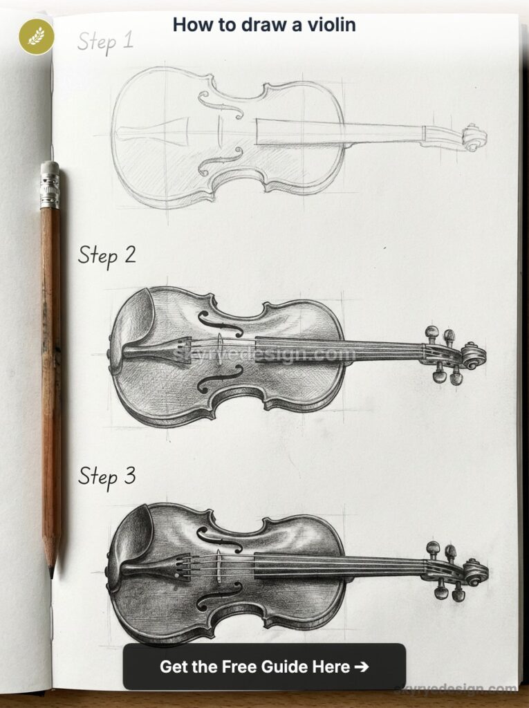 tutorial-violin Three-step pencil sketch tutorial showing how to draw a violin in a sketchbook with a wooden pencil | Sky Rye Design Three-step pencil sketch tutorial showing how to draw a violin in a sketchbook with a wooden pencil