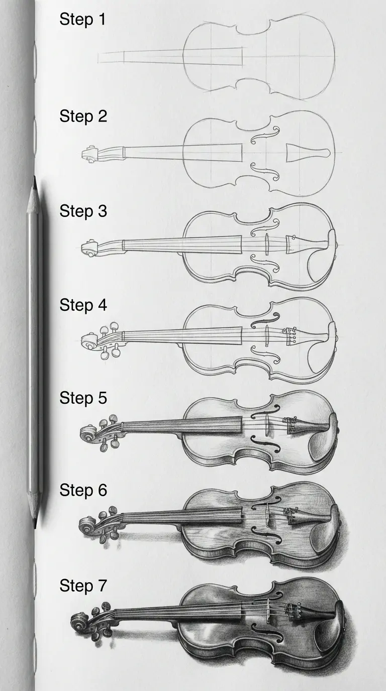 d294dee7-bdb5-4b0d-9c8d-562bdf2384ca Violin drawing tutorial — seven-step pencil sketch from outline to fully shaded realistic violin illustration | Sky Rye Design Violin drawing tutorial — seven-step pencil sketch from outline to fully shaded realistic violin illustration
