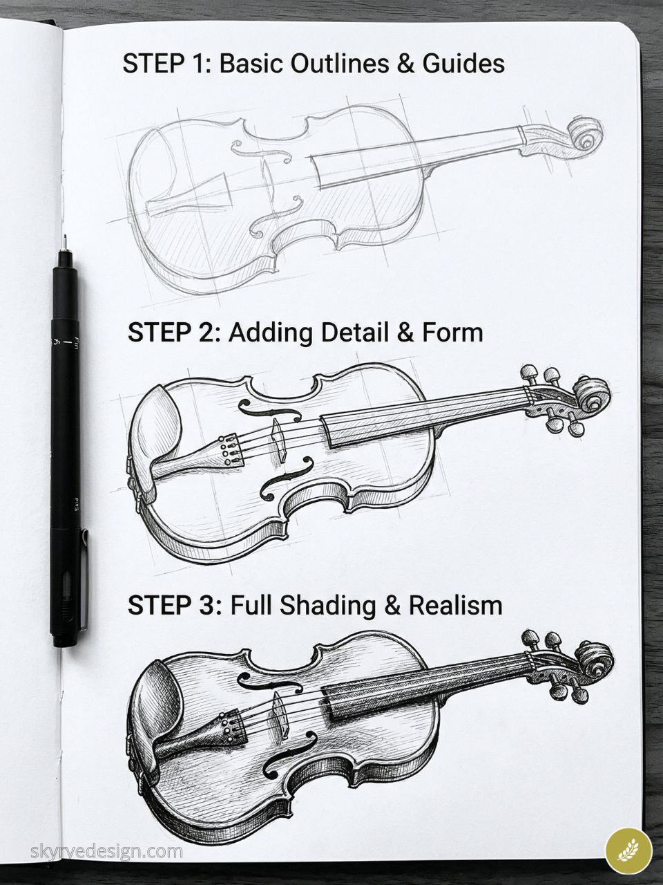 how-to-draw-additional-content-visual 93 Step-by-step violin pencil drawing tutorial showing three stages: basic outlines, added detail, and full shading realism. | Sky Rye Design Step-by-step violin pencil drawing tutorial showing three stages: basic outlines, added detail, and full shading realism.