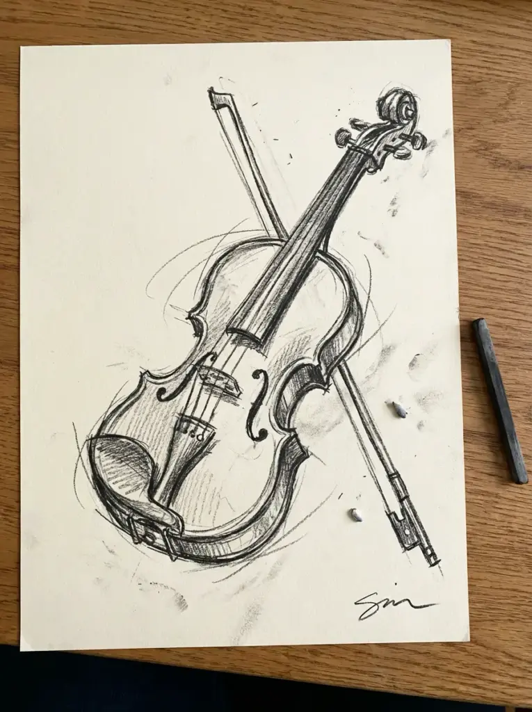 3ab79ada Graphite pencil sketch of a violin and bow on paper atop a wooden table, with graphite stick and eraser shavings | Sky Rye Design Graphite pencil sketch of a violin and bow on paper atop a wooden table, with graphite stick and eraser shavings