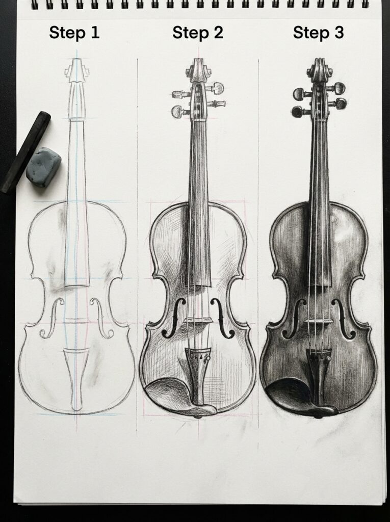 a2319a28-3478-4c8d-a83b-15bfa93c496c Step-by-step violin drawing: initial outline, refined pencil details, and final shaded realistic violin on sketchbook. | Sky Rye Design Step-by-step violin drawing: initial outline, refined pencil details, and final shaded realistic violin on sketchbook.